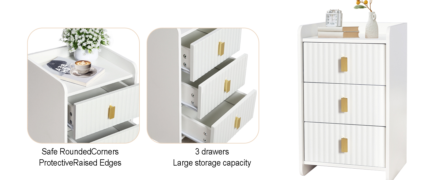 Нічний столик з 3 шухлядами, білий, для спальні та вітальні