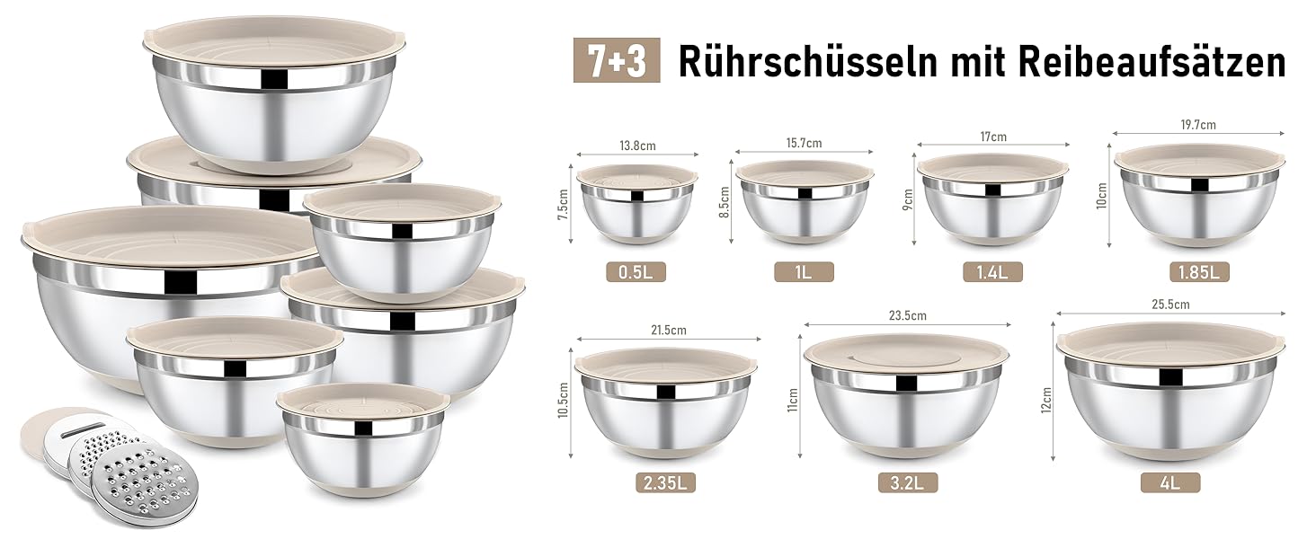 Набір місок для перемішування BEWOS 7 шт. з кришкою, нержавіюча сталь, з терткою, вкладна конструкція, розміри 0.5, 1, 1.4, 1.85, 2.35, 3.2, 4 л для змішування та подачі