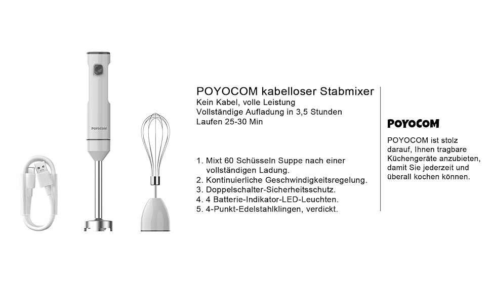 Акумуляторний ручний блендер POYOCOM з TYPE-C, вінчик для смузі, коктейлів, хумусу, дитячого харчування, супів