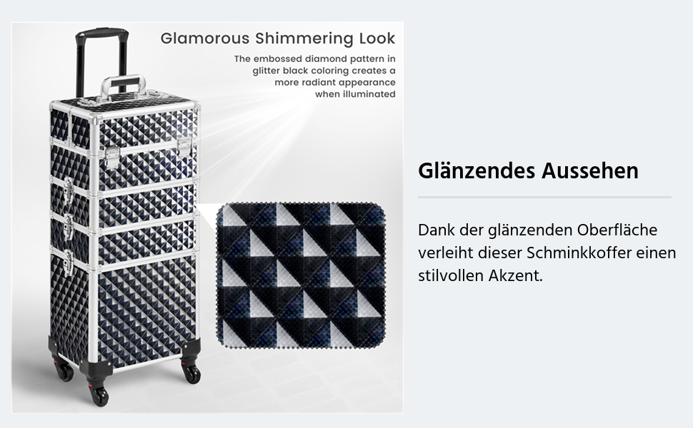 Ягетеч Косметичка-Тролі 4-в-1, Великий Косметичний Ящик для Макіяжу, Закривається на Замок, Багатофункціональний Ящик для Візажистів, Красота з Коліщатками та Висувною Шухлядою (Блискучий Чорний)