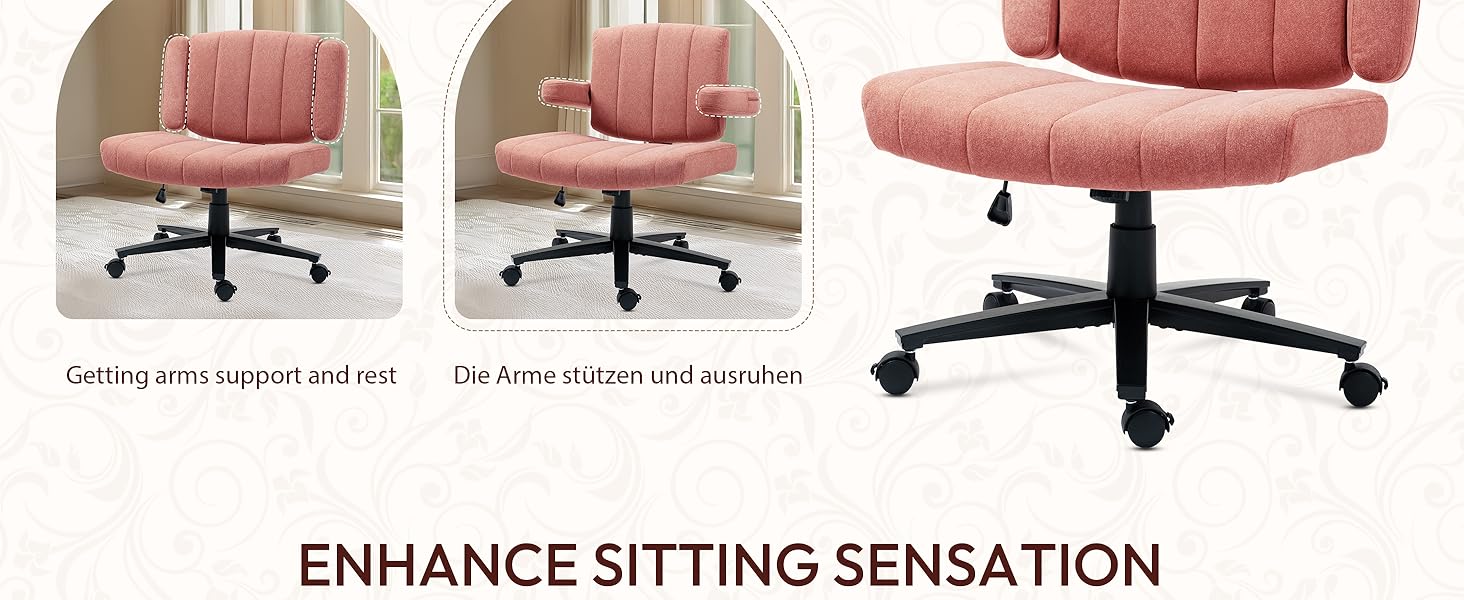 Крісло Vigosit Criss Cross з регульованими підлокітниками та колесами, антиковзаюча тканина, м'яке сидіння, поворотне, для дому, туалетного столика, офісу (Сірий/Рожевий)