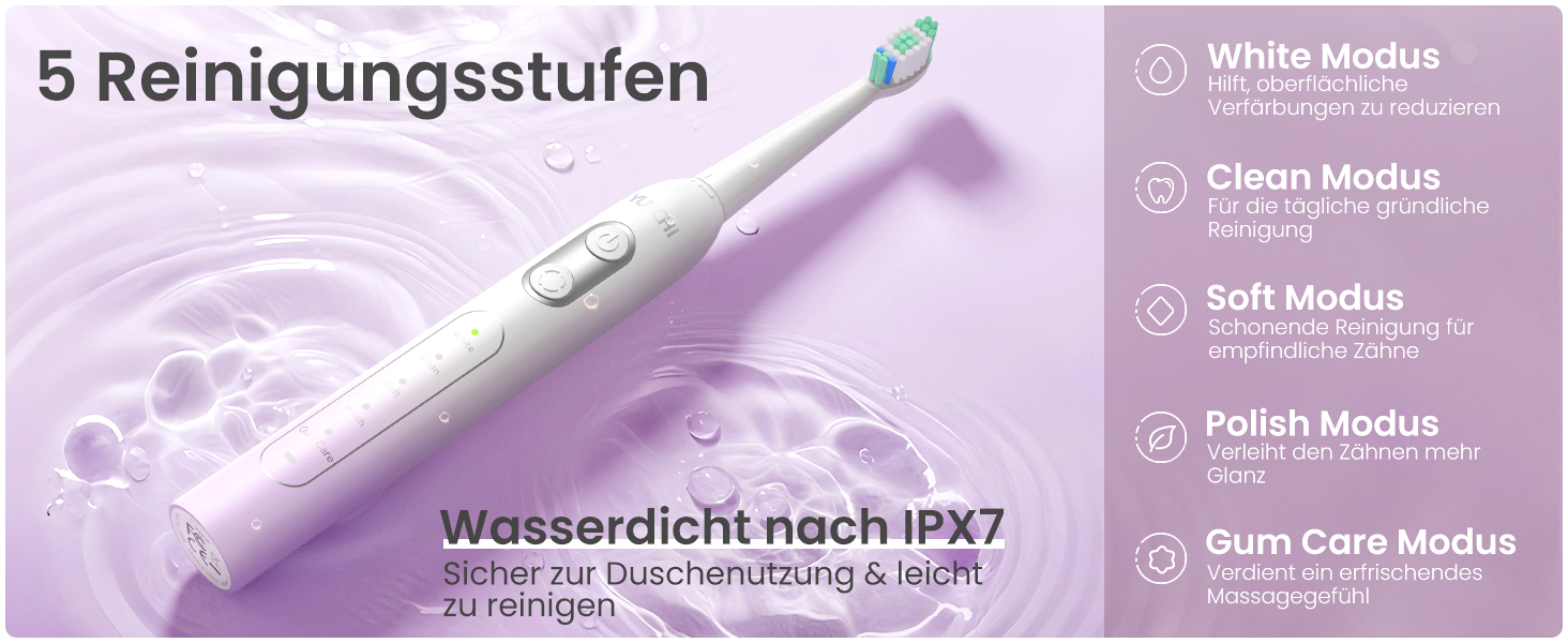 Електрична зубна щітка YUNCHI - звукова, для дорослих та дітей, 40000 VPM, USB-C, 5 режимів, 8 насадок + чохол, блакитна (C2 фіолетовий та білий)