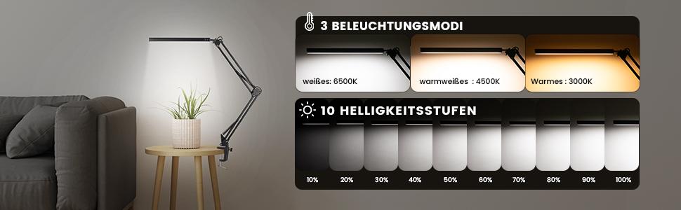 Світлодіодна настільна лампа з затискачем, 14 Вт затискна лампа з гусячою шиєю, робоча лампа для архітекторів 1100 лм 5 кольорів X 10 рівнів яскравості з регульованою яскравістю, затискна лампа для захисту очей, Офісна настільна лампа, чорний (поворотний кронштейн чорного кольору)