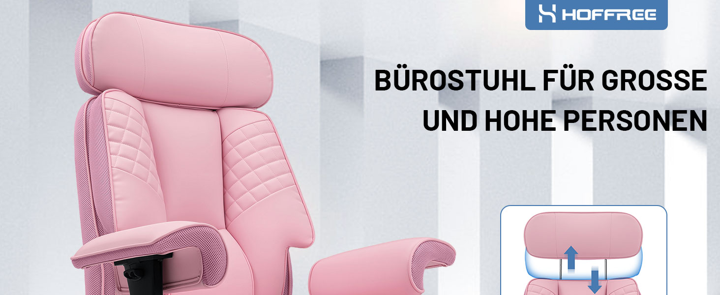 Офісний крісло HOFFREE Ergonomiczne для керівника, 220 кг, з підставкою для ніг, регульованою поперековою підтримкою, регульованою висотою підголівника, PU шкіра, чорне (рожева шкіра)