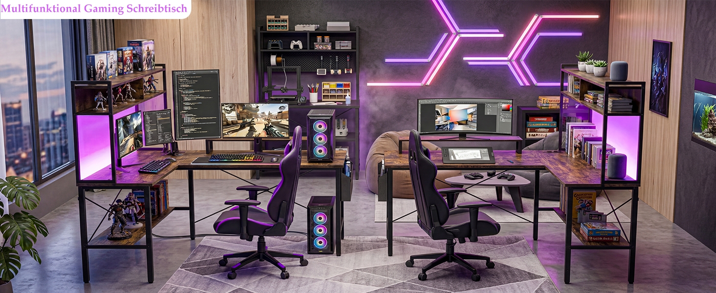 Ігровий стіл Homieasy L-подібний 124x90 см з LED-підсвіткою та розетками, рустикальний коричневий — реверсивний стіл з полицею, підставкою для монітора та сумкою, МДФ та метал