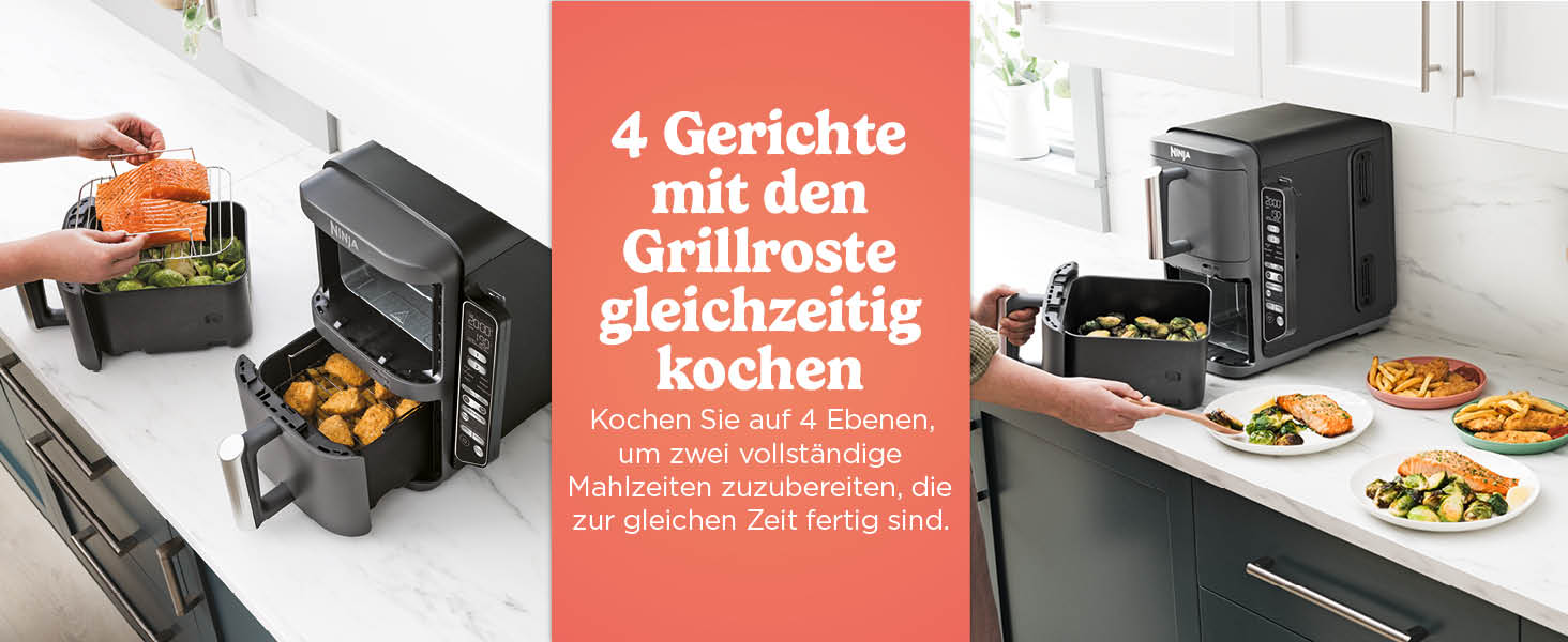 Вертикальна аерофритюрниця Ninja Double Stack XL Air Fryer 9,5 л з цифровим термометром, 6 функцій приготування, 2 рівні, сіра SL451EU