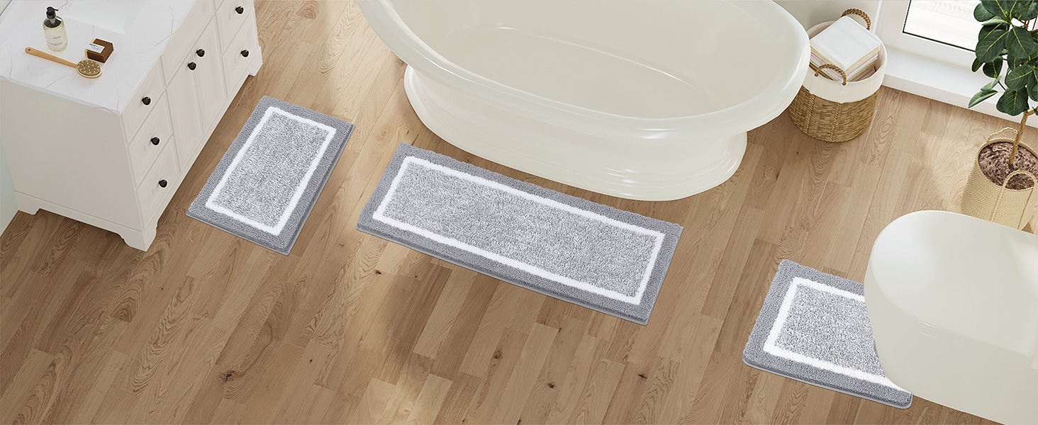 Набір килимків для ванної кімнати Pauwer: м'який, високий ворс, антиковзний. Включає килимок для душу, підлогу та унітаз. Розміри: 45x65 см, 45x120 см, 50x60 см. Машинне прання.