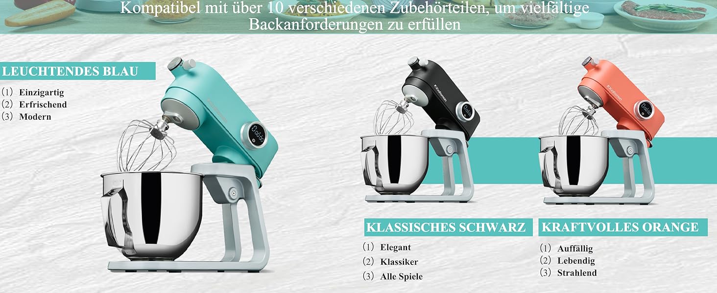 Кухонна машина 5л для замішування тіста: хліб, піца, з таймером, 8 швидкостей, нержавіюча чаша, гак, вінчик, міксер (блакитна)