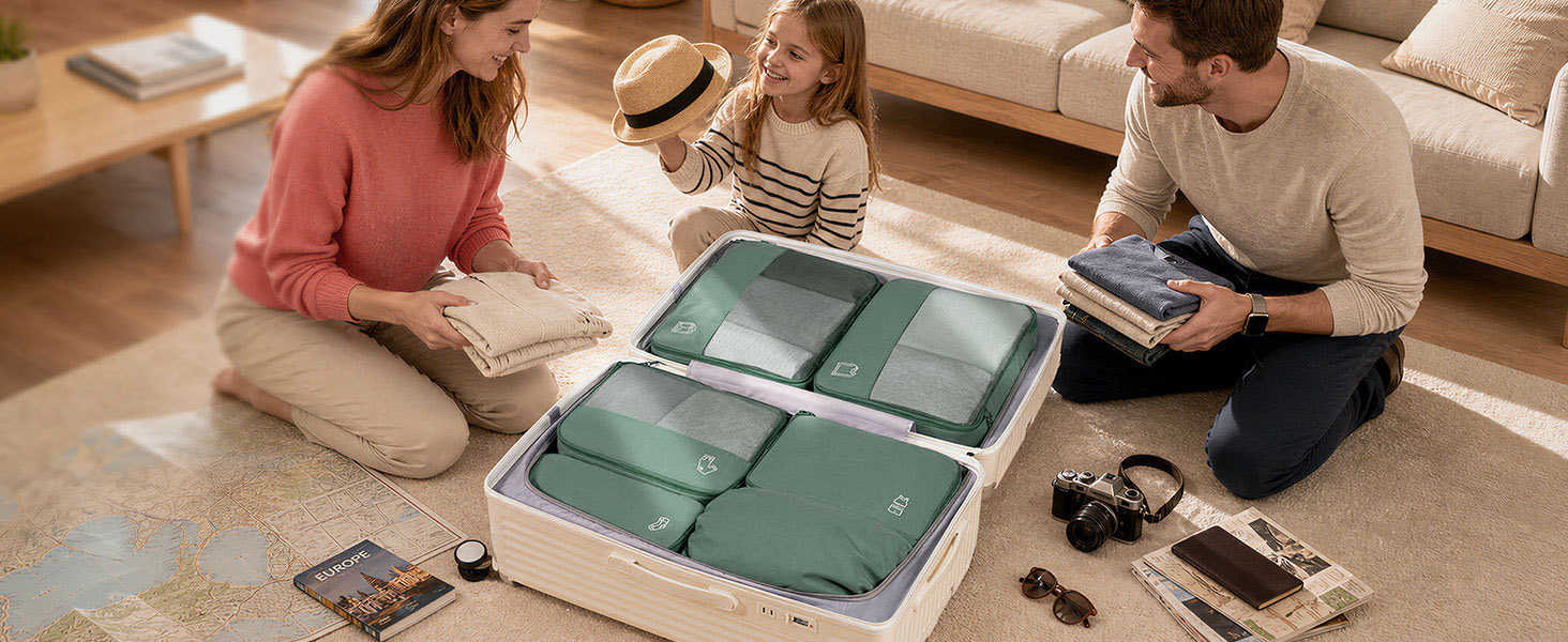 Набір органайзерів для валізи та рюкзака Packing Cubes, 8 предметів, сіро-зелений — дорожній набір для пакування речей