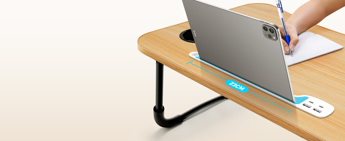 Столик для ноутбука на ліжко, складаний, з USB, ящик, підставка для планшета, тримач для напоїв, 60 x 40 см, колір дерева