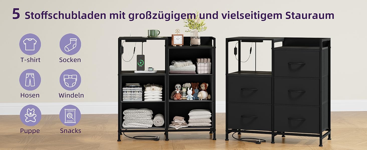 Комод з ящиками для спальні, вітальні, коридору Somdot з LED-підсвічуванням та розетками (2 AC, 1 USB, 1 Type-C), 5 тканинних ящиків, білий, 29T x 66,5B x 70,5H см