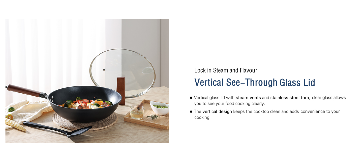 Кордісен Вок з антипригарним покриттям 33 см, 5.6 л з кришкою, без хімічного покриття, попередньо приправлений, підходить для індукційних, електричних та газових плит