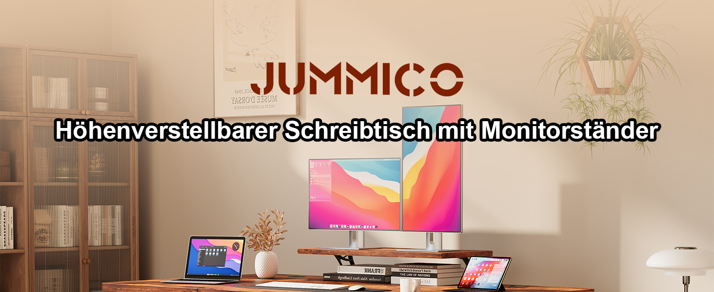 Регульований за висотою стіл JUMMICO з підставкою для монітора, електричний, стоячи/сидячи, 120 x 60 см, білий/коричневий