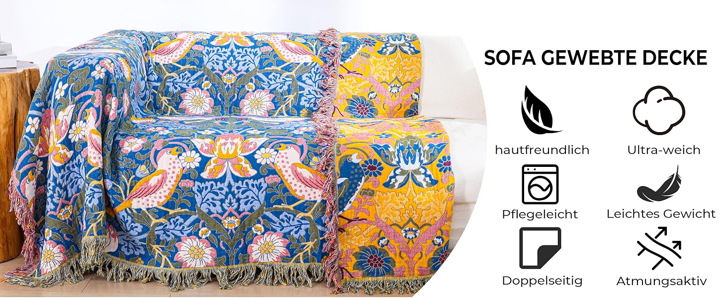 Плед Boho з 100% бавовни, стиль кантрі, 150х200 см (Птахи та квіти)