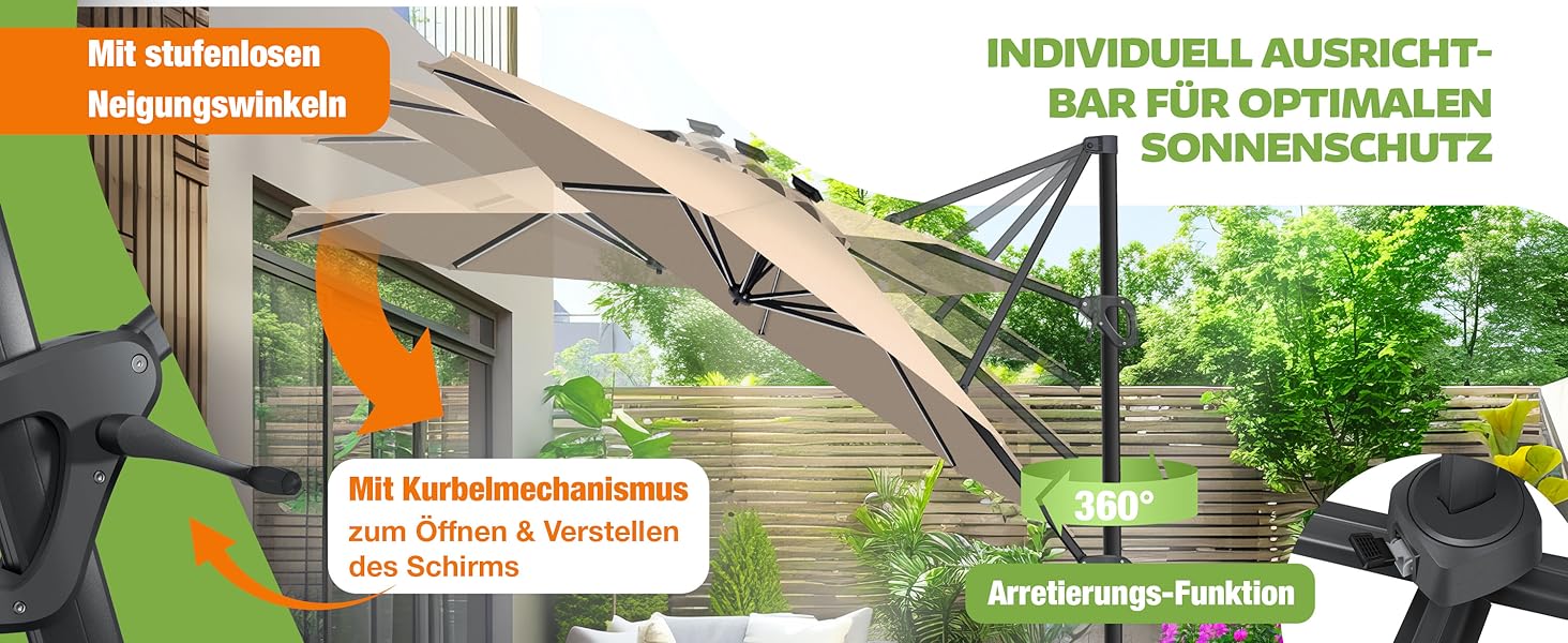 Парасолька від сонця KESSER Ø 350 см, підвісна модель з рукою-кранцем для тераси, балкона та саду, алюмінієвий стійкий каркас, UV-захист, водонепроникна та вітростійка, поворот на 360°, антрацит