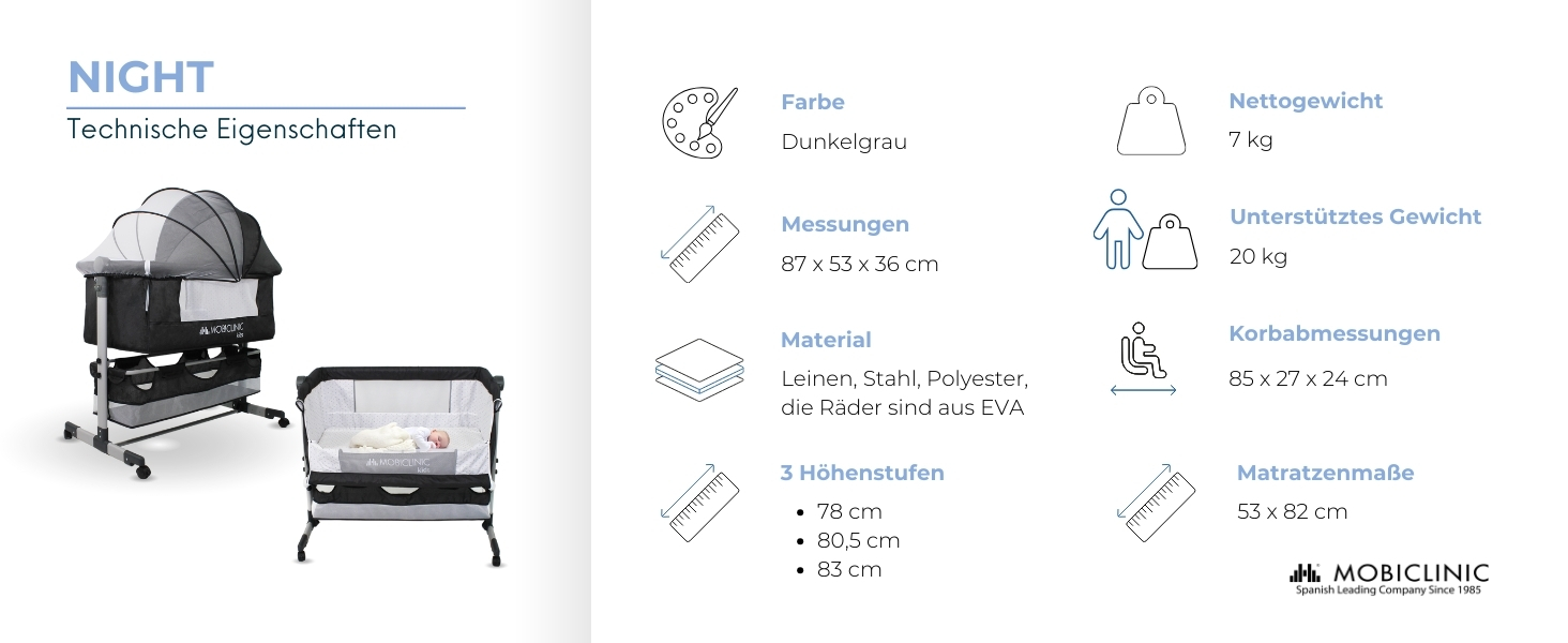 Дитяче ліжко Mobiclinic® 3-в-1: ліжко-гойдалка, ліжко-манежа, ліжко-бічне, чорне, до 20 кг