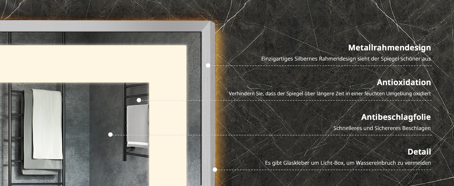 Дзеркало для ванної кімнати YOURLITE з підсвічуванням, 85x55 см, LED, сенсорне керування, 3 кольори світла, регулювання яскравості, антизапар, горизонтальне/вертикальне, IP44, білий (срібний, 80x60 см)