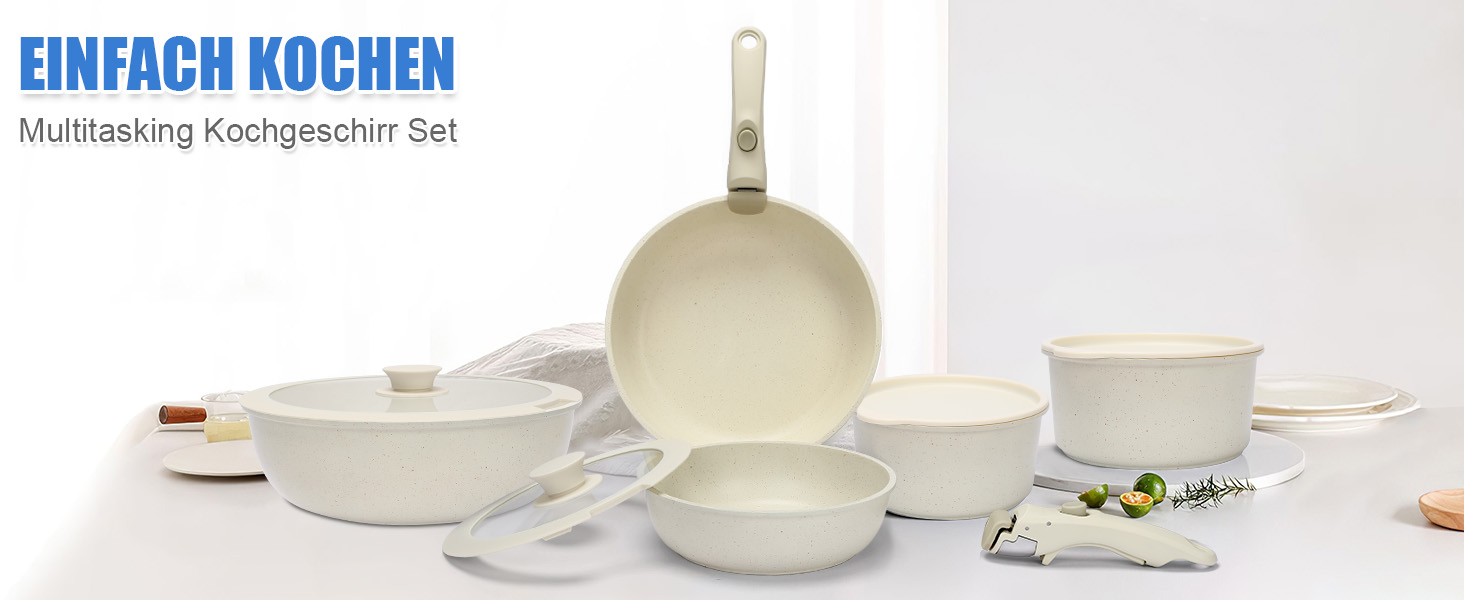 Набір посуду GFTIME 17-ти частинний з антипригарним покриттям Ceramic, для всіх плит (індукція), зі знімними ручками, 20/26 см скляні кришки, без PFOA/PTFE/PFAS