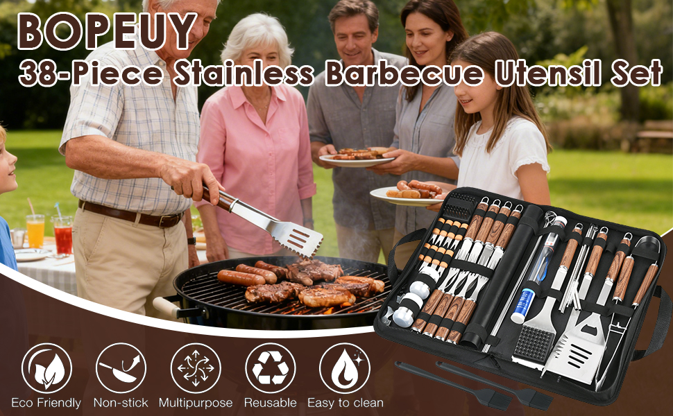 Набір гриля з нержавіючої сталі на 38 предметів, кейс для гриля, подарунок для чоловіків, повний набір інструментів для барбекю, високоякісний набір для гриля для відпочинку на відкритому повітрі