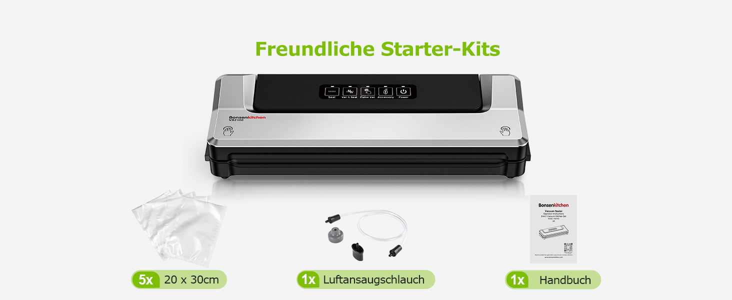 Вакууматор Bonsenkitchen для су-від (Sous Vide) та зберігання продуктів, вакуумний пакувальник з 5 пакетами в комплекті, сріблястий