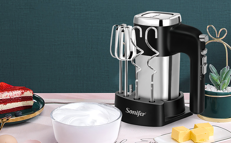 Ручний міксер Sonifer 500W з нержавіючої сталі, 5 швидкостей + турбо, 2 гачки для тіста, 2 вінчики, миється в посудомийній машині