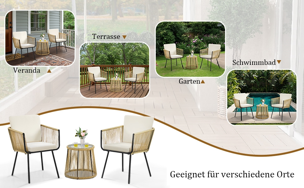 Набір садових меблів Yaheetech з ротангу для балкона: 2 крісла з подушками та стіл зі скляною стільницею, світло-коричневий/кремовий