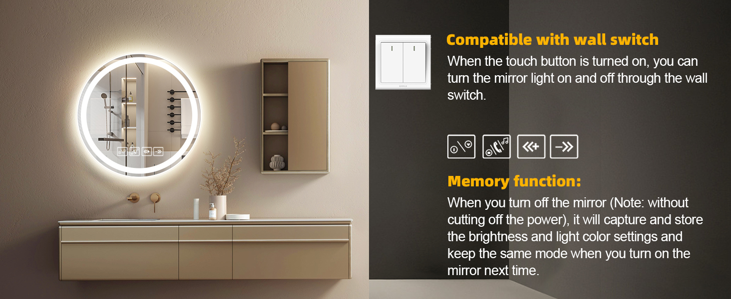 Круглий дзеркало для ванної кімнати з підсвічуванням, 60 см, LED, Bluetooth, сенсорне управління, регулювання кольору (3000K-6500K), диммування, HD-загартоване скло, 600x600 мм