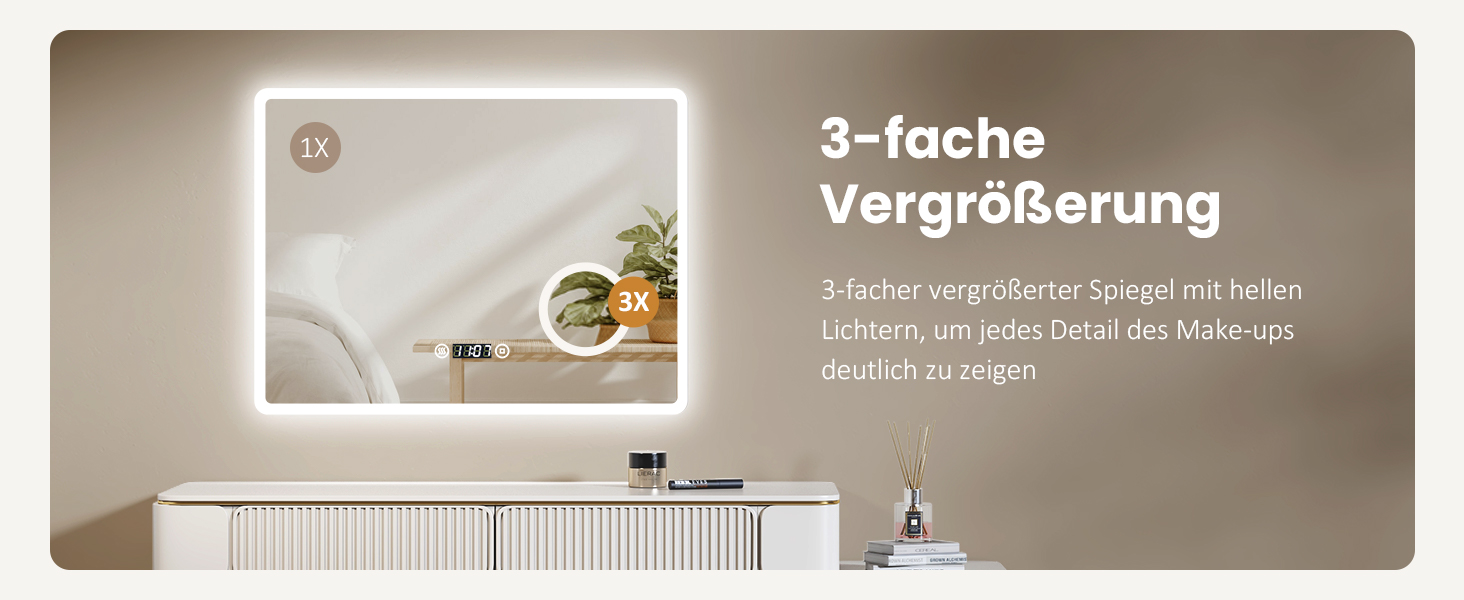 LED дзеркало для ванної кімнати EMKE 90x70 см з підсвічуванням, годинником та захистом від запотівання, IP44