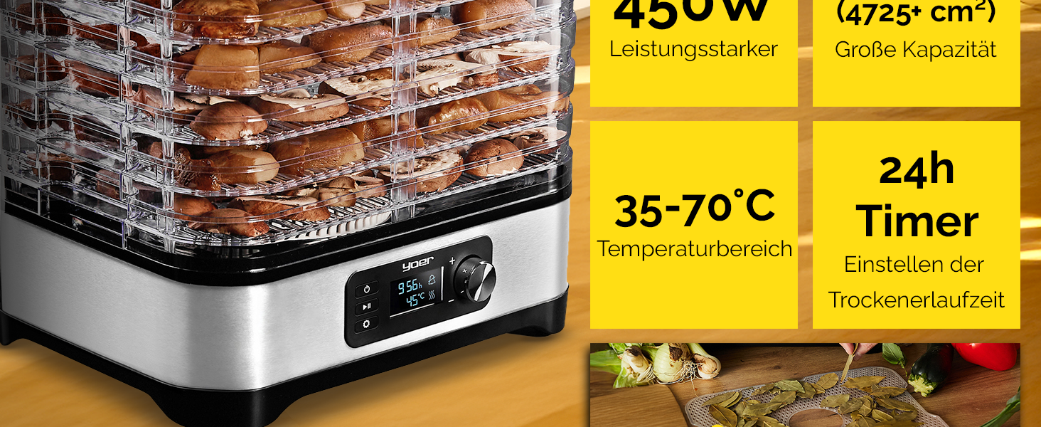 Дорівка для продуктів VitaSave FD01S з нержавіючої сталі, 450W, 6 ящиків, 9 аксесуарів, 4725 см², таймер 24 год, LED-дисплей, BPA-free, для фруктів та сухофруктів