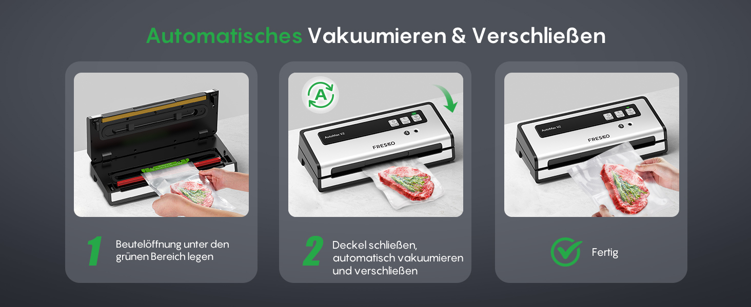 Вакууматор FRESKO Automax V2, автоматичний вакууматор для продуктів 140 Вт, подвійний гарячий шов, режими «сухий/вологий», чорний