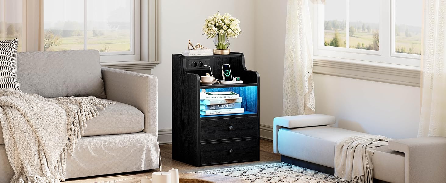Нічний столик IRONCK з LED-підсвічуванням, розеткою та функцією зарядки, з ящиками, чорний