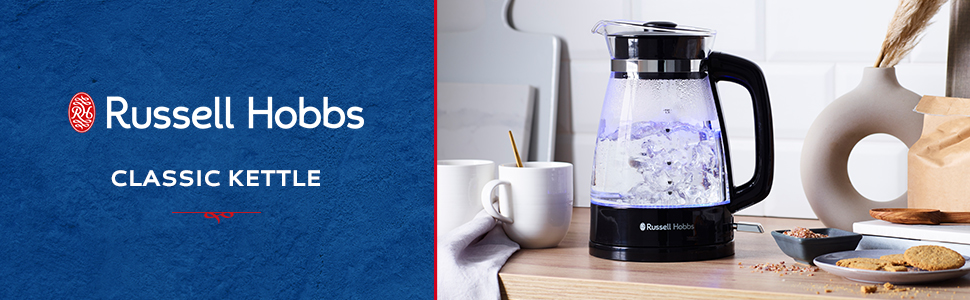 Скляний електрочайник Russell Hobbs 26080-70 Classic Design, 1.7 л, 2400 Вт, з LED-підсвіткою та сталевою основою, чорний/прозорий