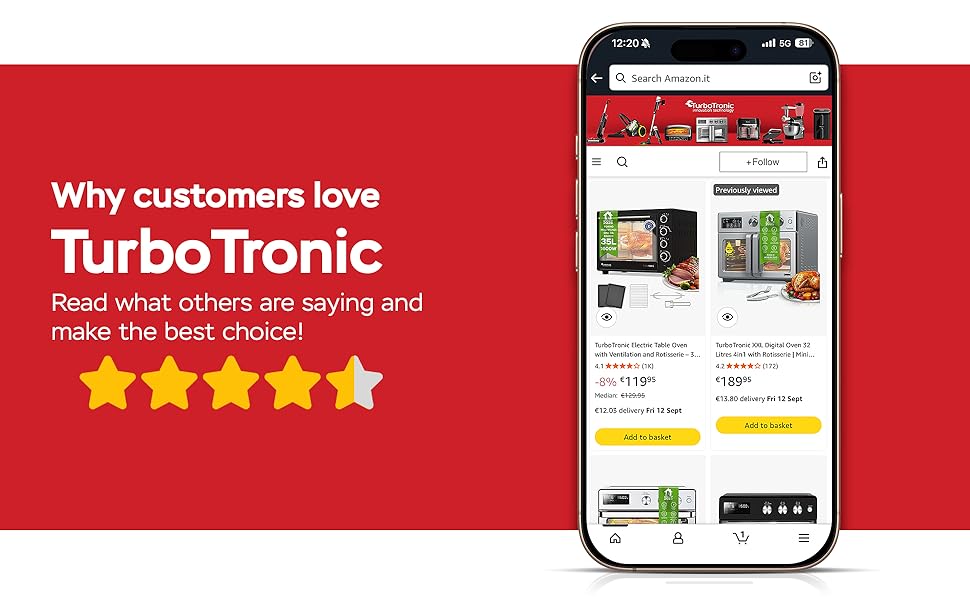 TurboTronic Цифровий Конвекційний Духовий Шовкопряд - XXL 32 літри з поворотним шампуром для курки 5 в 1 Міні-духовка, сушарка та фритюрниця Airfryer від 25°C (Чорний)