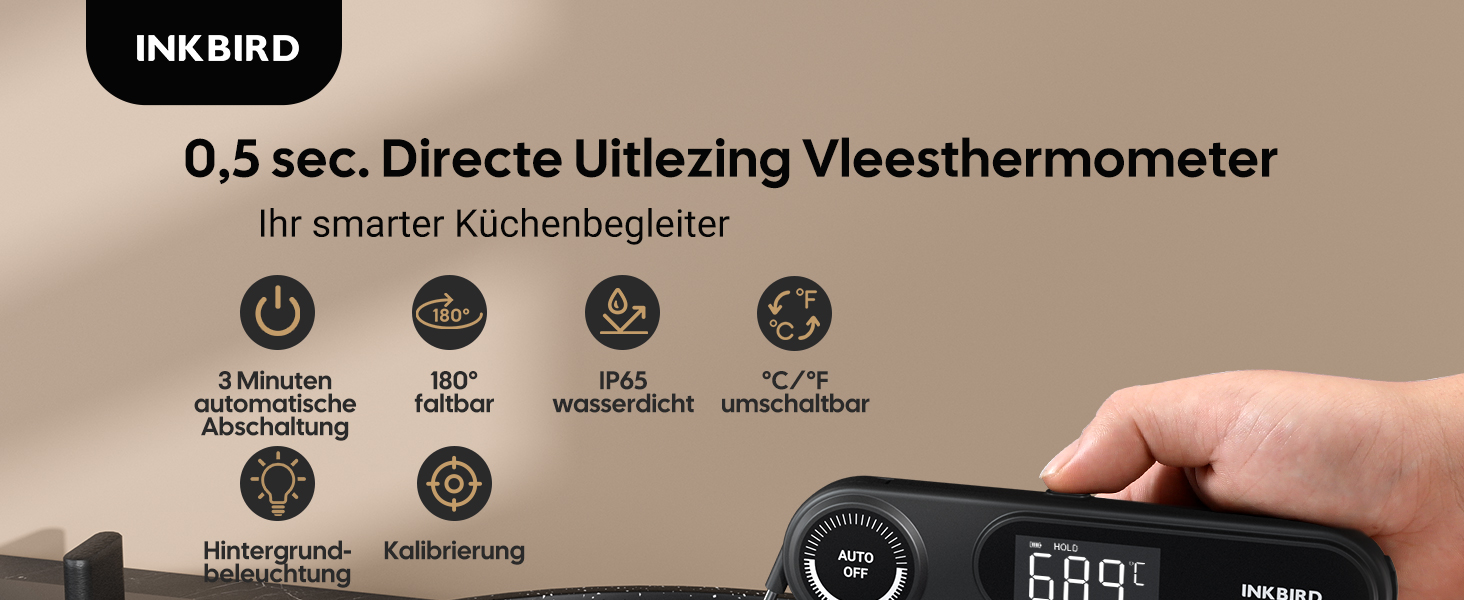 Цифровий термометр для м'яса та гриля Inkbird IHT-21K, швидке зчитування за 0,5 сек, водонепроникний LCD-дисплей IP65 для кухні, BBQ та випікання