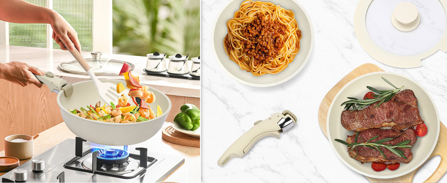 Набір посуду GFTIME 17-ти частинний з антипригарним покриттям Ceramic, для всіх плит (індукція), зі знімними ручками, 20/26 см скляні кришки, без PFOA/PTFE/PFAS