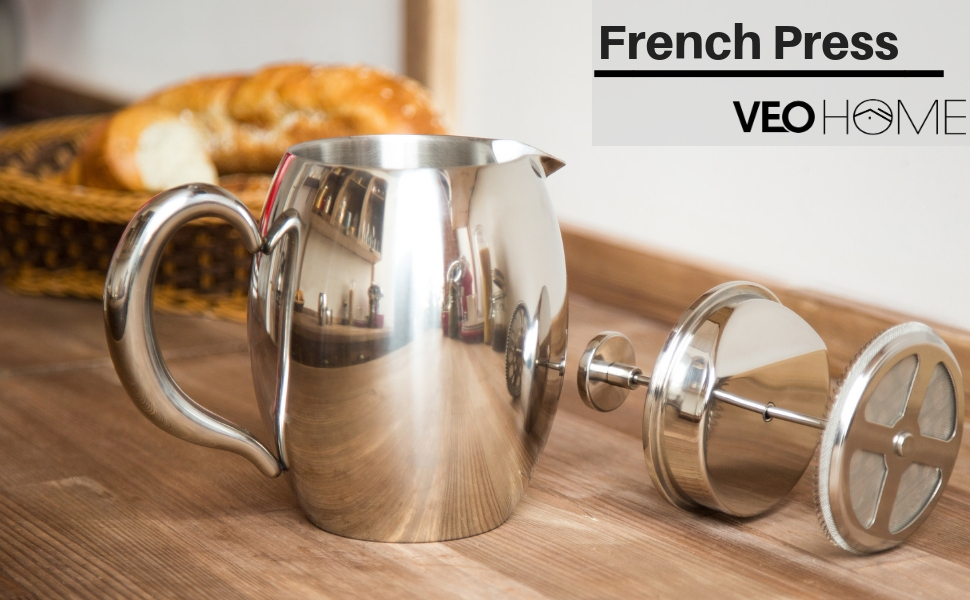 Кавоварка для приготування кави VeoHome French Press кавник небиткий, завдяки подвійному корпусу він зберігає тепло вашої кави протягом тривалого часу (1 літр) (0,75 л)