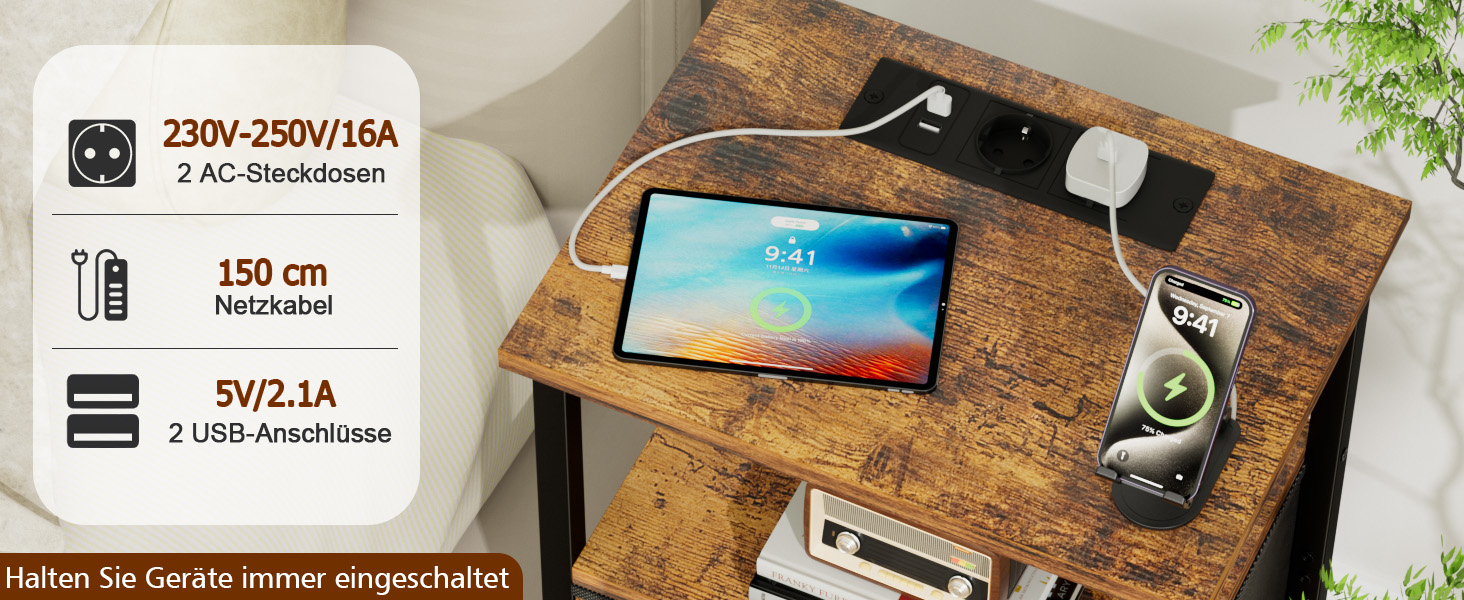 Нічний столик AMHANCIBLE з зарядкою, приліжний столик з висувними ящиками з тканини, журнальний столик з відкритою полицею, з 2 USB-портами та 2 розетками, для спальні, вітальні, HETS020GY-1 (Коричневий)