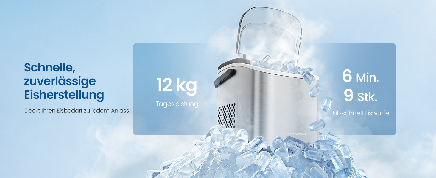 Апарата для льоду SONGMICS XZB001B1EU (Сріблястий): Швидке виробництво 9 кубиків за 6 хвилин, 12 кг/24 год, портативна, для дому, вечірок, кемпінгу
