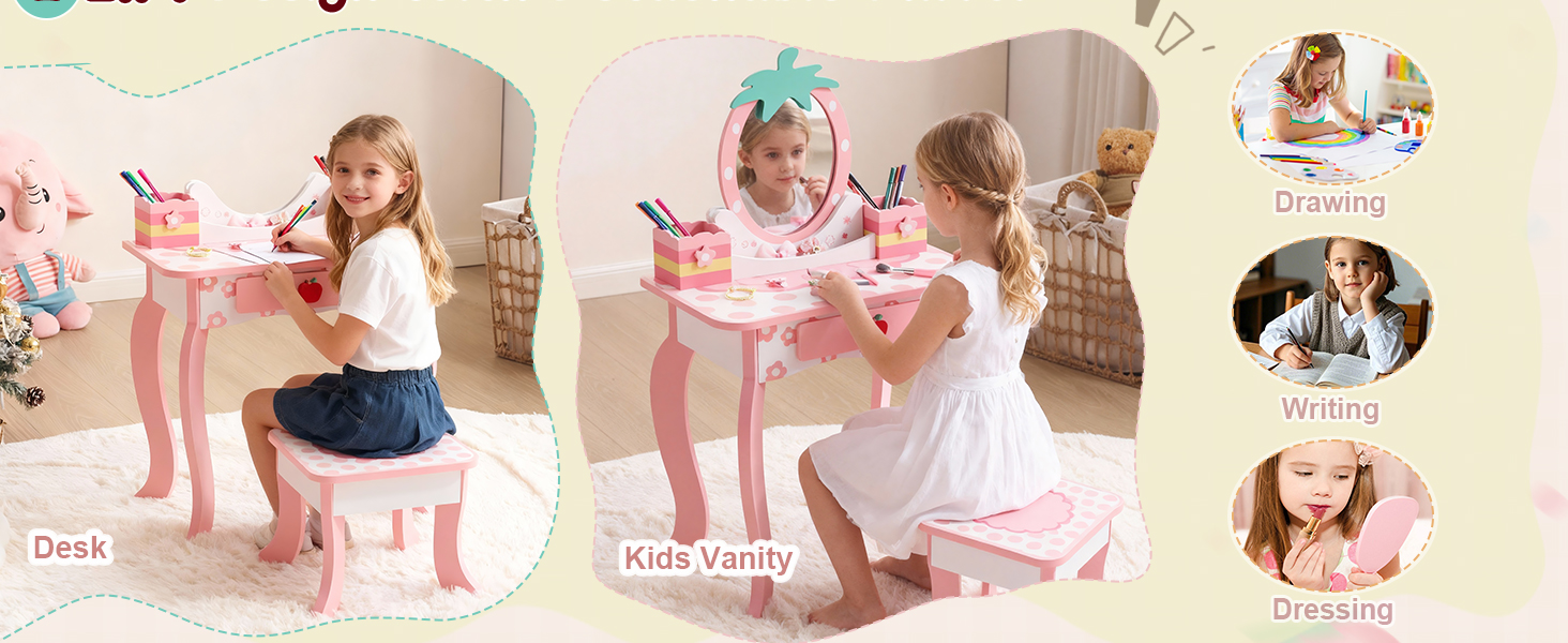 Дитячий туалетний столик LEADZM з пуфом для дівчаток, з шухлядою та двома 180° відкидними дзеркалами, для дітей 3-9 років (білий та рожевий)