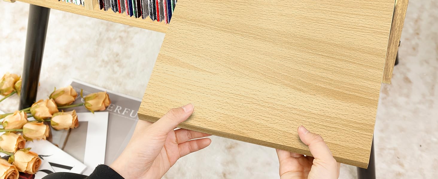 Стіл для програвача, стійка для вінілових пластинок в стилі середини століття з місцем для зберігання до 150+ альбомів, шафа для вінілових пластинок з регульованими полицями (горіх)