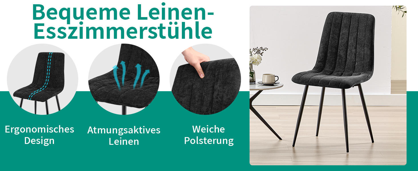 Набір стільців для їдальні, м'які стільці з льоновим покриттям та чорними металевими ніжками, смугастий дизайн, підходять для їдальні, вітальні, спальні, кухні, рецепції (2 шт., смугасті, чорні)