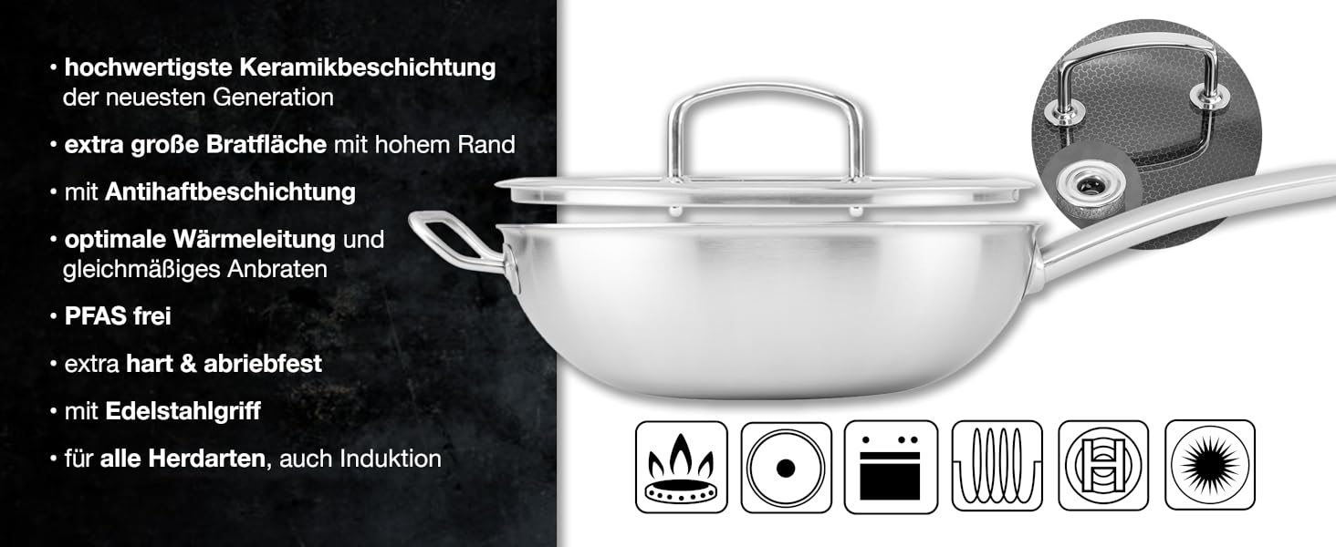 Вафельниця Moritz & Moritz з нержавіючої сталі 30 см з керамічним покриттям нового покоління - підходить для всіх типів плит - антипригарний вок з вафельною структурою для смаження, тушкування та варіння (з кришкою)