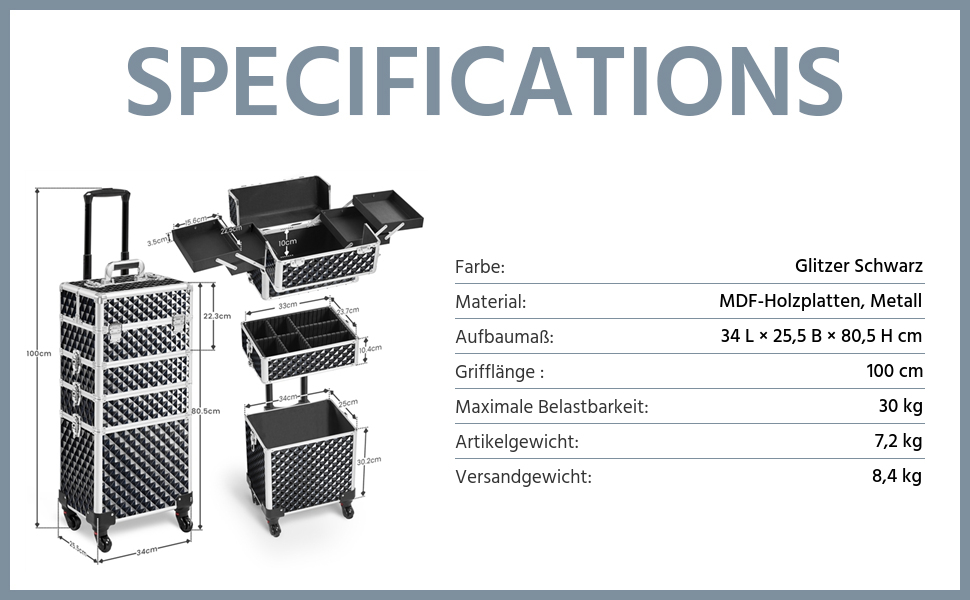 Ягетеч Косметичка-Тролі 4-в-1, Великий Косметичний Ящик для Макіяжу, Закривається на Замок, Багатофункціональний Ящик для Візажистів, Красота з Коліщатками та Висувною Шухлядою (Блискучий Чорний)