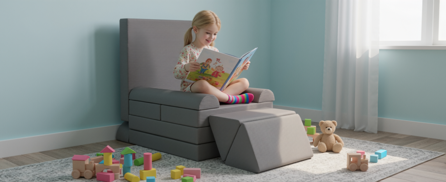 Модульна дитяча кушетка-конструктор MAMIZO Spielsofa Cord, 15 елементів, сірий колір. Кушетка для ігор та відпочинку, екологічна тканина Oeko-Tex, для дитячої кімнати.