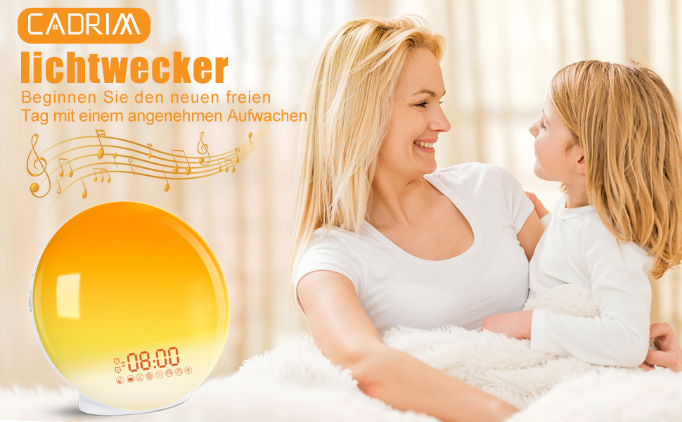 Будильник Cadrim з імітацією сходу сонця та заходу сонця, радіо, 7 природних звуків, FM-радіо, функція повтору, для дорослих та дітей, жовтий