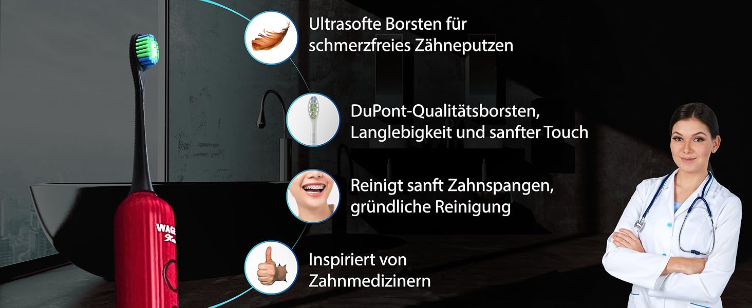 Електрична зубна щітка Wagner Stern VibroWave Plus з 4 насадками, IPX7, червона