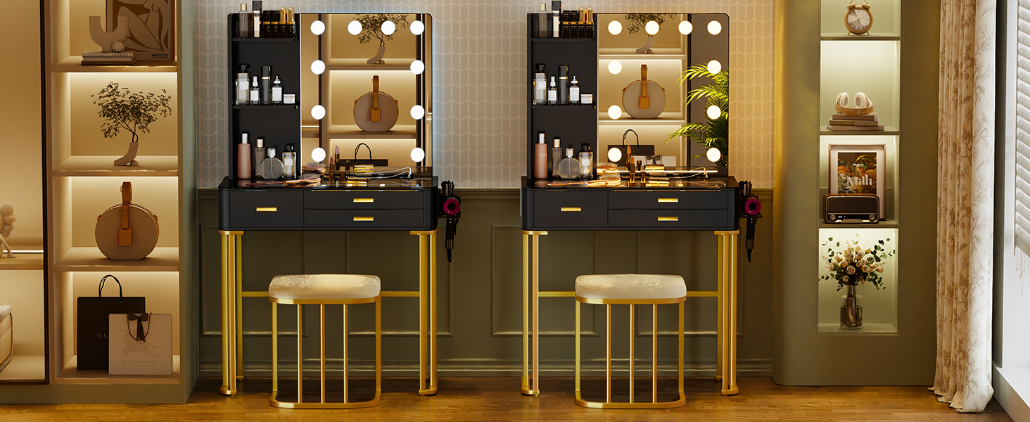 Трюмо Lvifur з дзеркалом у стилі Голлівуд, 10 регульованих лампочок, пуф, ящик, станція зарядки, USB-порт, чорний колір