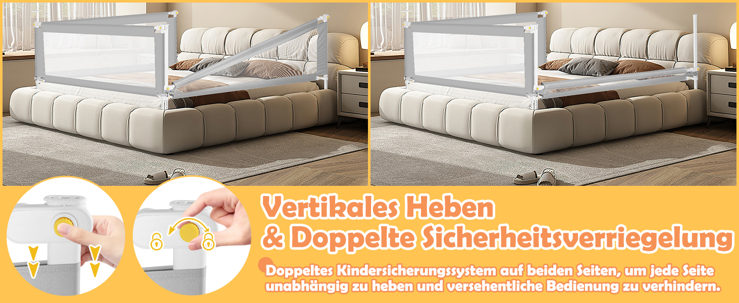 Бортики для ліжка дитячі Ikodm 2x200 см + 1x180 см, регульовані по висоті (64-96 см), сірі, з U-подібними ніжками, захист від випадання