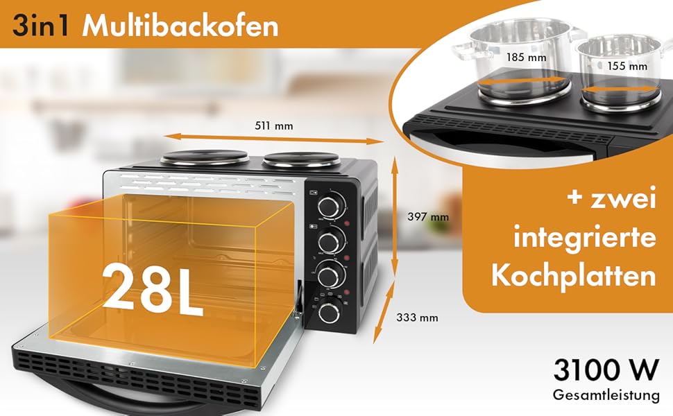 Міні-піч Clatronic® з конфорками та поворотним шампуром | одночасне приготування та випікання | міні-піч 28л конвекція, верхнє/нижнє нагрівання 100°-230°C | електрична міні-піч 3100 Вт з аксесуарами | KK 3786