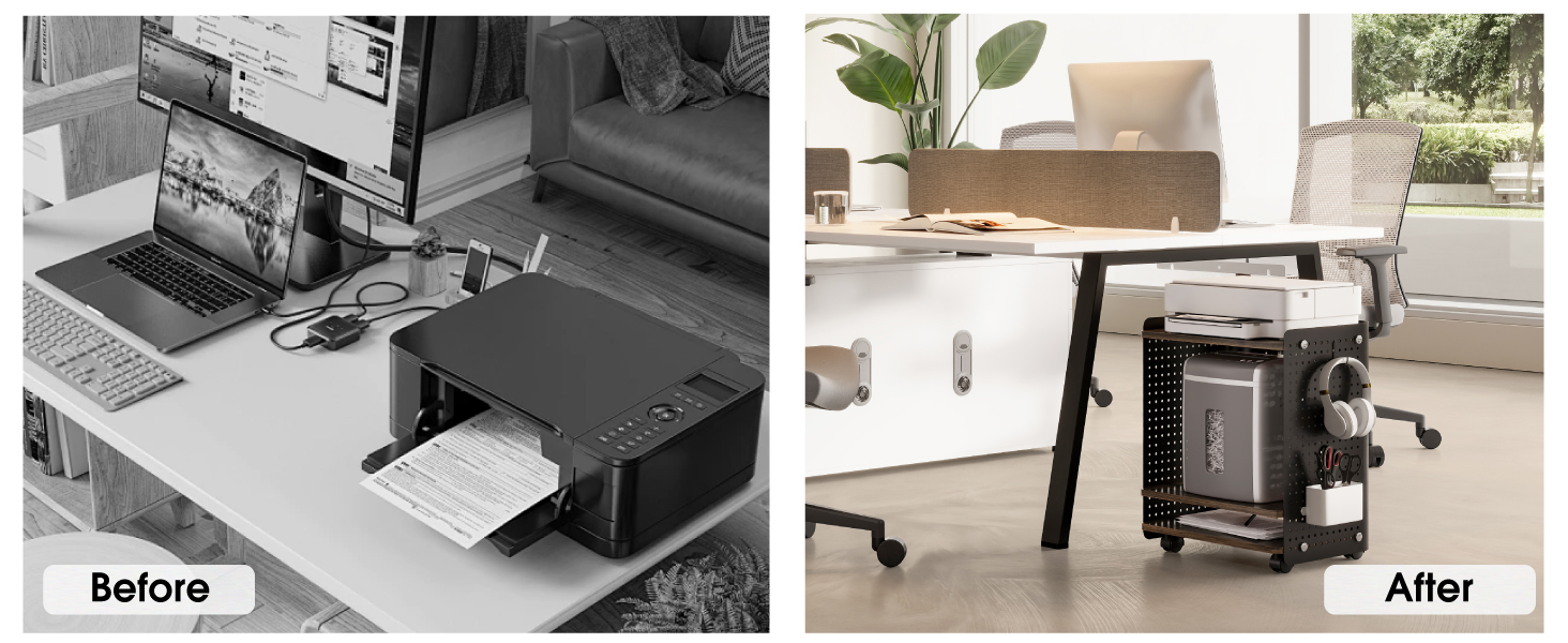 Робочий стіл для принтера Fenge з колесами, мобільний тримач для принтера з перфорованою панеллю, 3 рівні, стійка для принтера/рол-контейнер з органайзером, полиця, шафа для офісу та дому, 45,3x33,5x53,5 см (Коричневий+Чорний)
